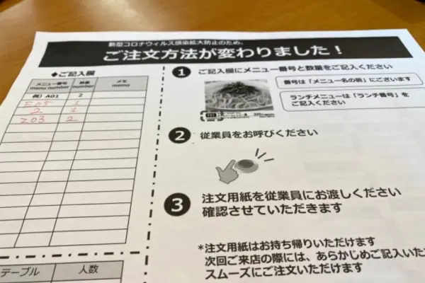 紙の注文用紙にメニュー番号を書き込む様子